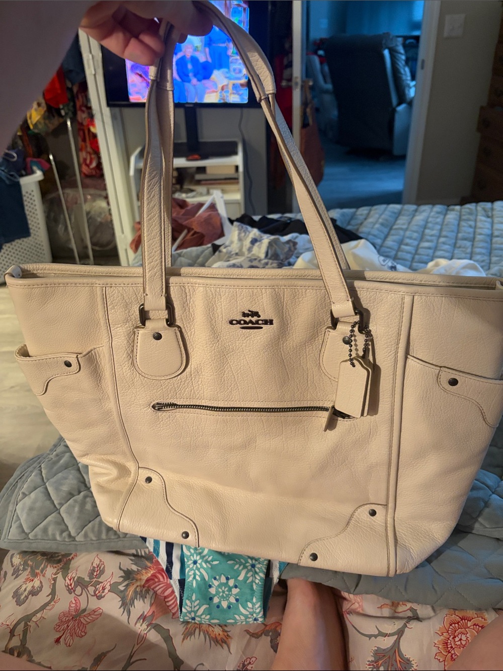 Coach Cream Pebbled Leather Tote with Zip Pocket